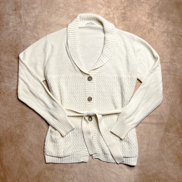 Vintage 60s Knit Cardigan Sweater Cream Wavy Shawl Neck Button Up Coquette Retro - Picture 9 of 9
